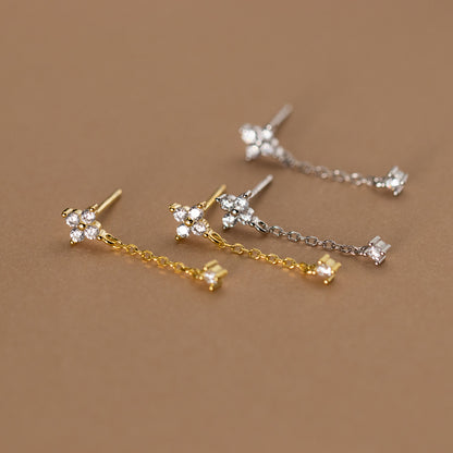 Sterling Silver Four-Leaf Clover Tassel Stud Earrings with Zirconia