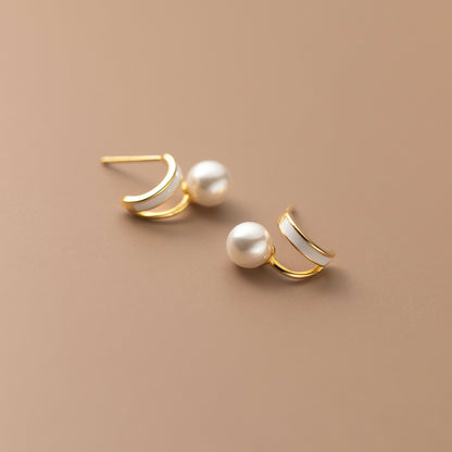 S925 Sterling Silver Double Layer Arc V-Shape Shell Pearl Stud Earrings