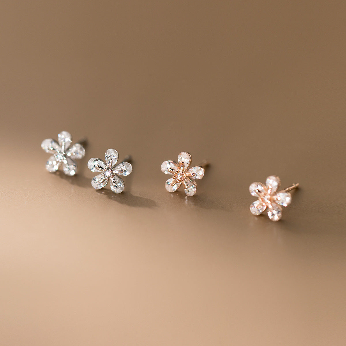 S925 Silver Flower Zircon Stud Earrings Fresh Sweet Design