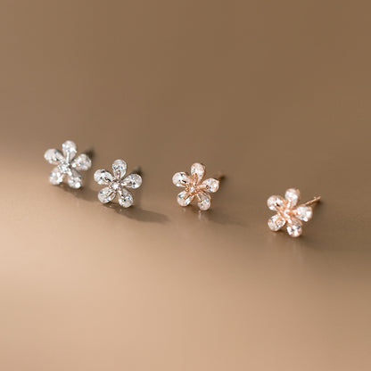 S925 Silver Flower Zircon Stud Earrings Fresh Sweet Design