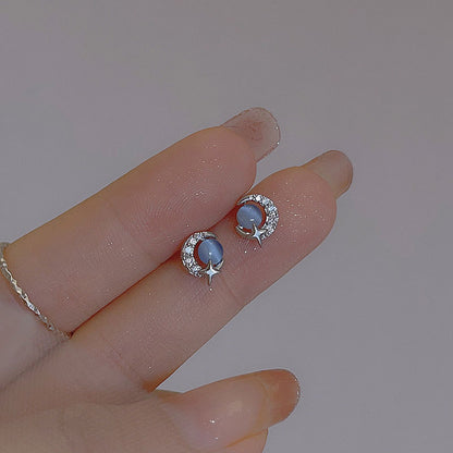 Luxyin 925 Sterling Silver Star & Moon Cat Eye Stud Earrings