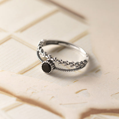 S925 Silver Leaf Ring with Black Diamond Inlays Double Layer Design