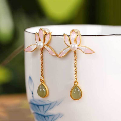 Luxyin Lotus Whisper Jade Drop Earrings - Silver Serenity