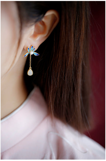 Luxyin Lotus Whisper Jade Drop Earrings - Silver Serenity