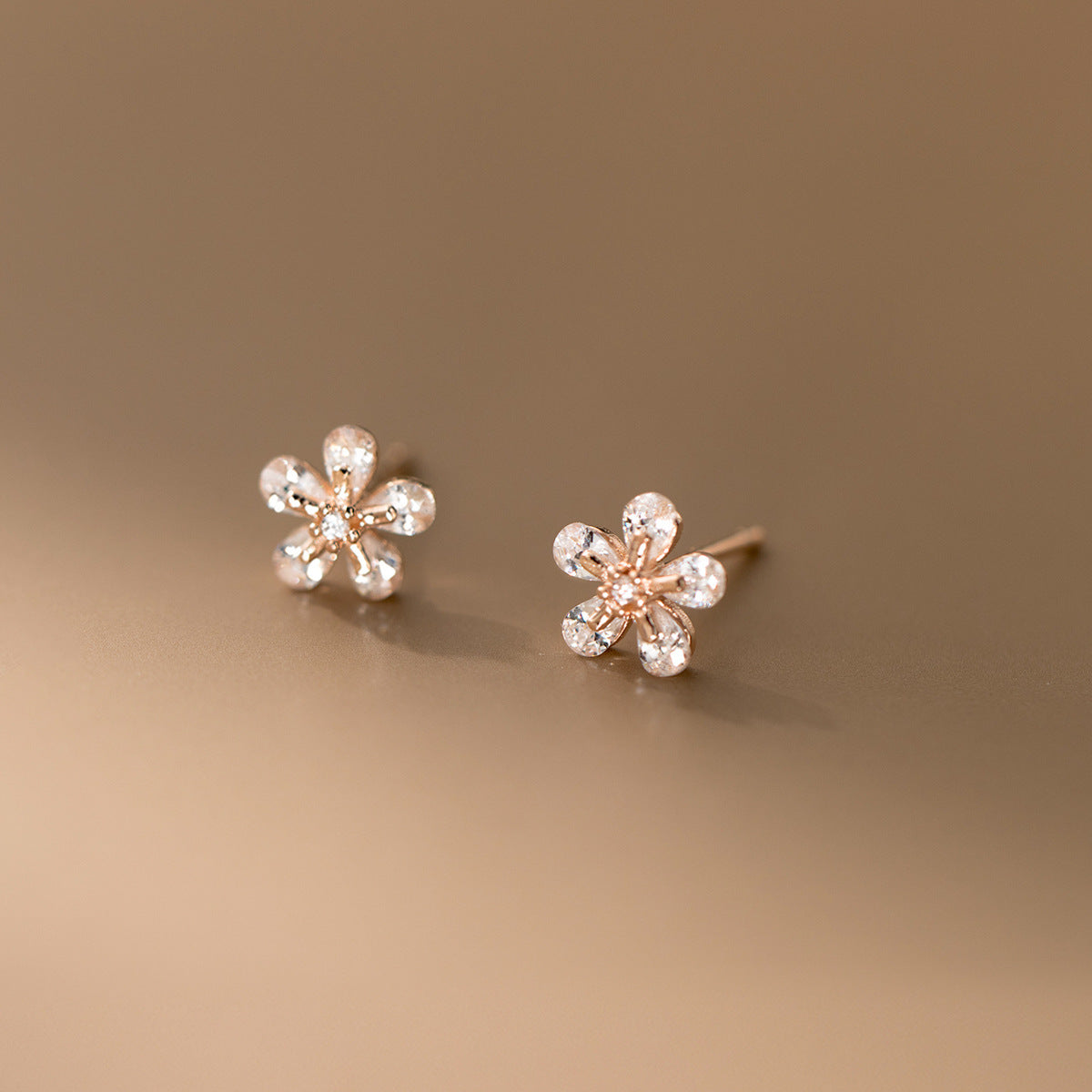 S925 Silver Flower Zircon Stud Earrings Fresh Sweet Design