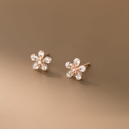 S925 Silver Flower Zircon Stud Earrings Fresh Sweet Design