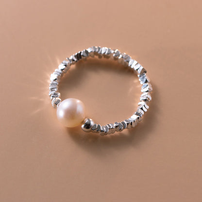 S925 Sterling Silver Crushed Silver Pearl Bead Ring - Minimalist Gentle Design