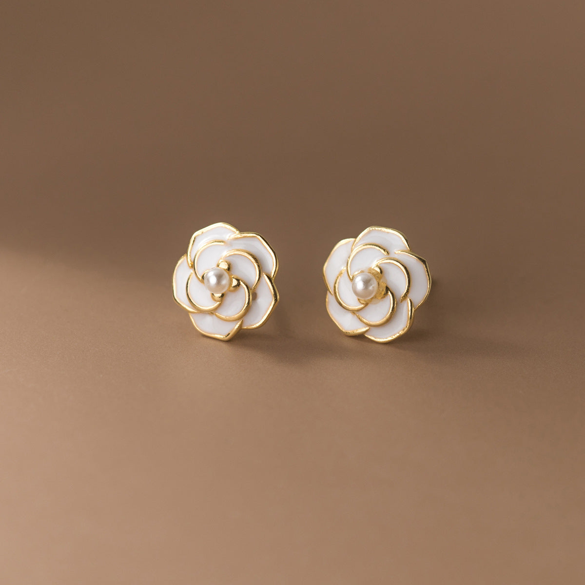 S925 Sterling Silver Resin Camellia Flower Faux Pearl Stud Earrings