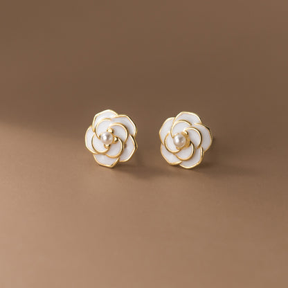 S925 Sterling Silver Resin Camellia Flower Faux Pearl Stud Earrings