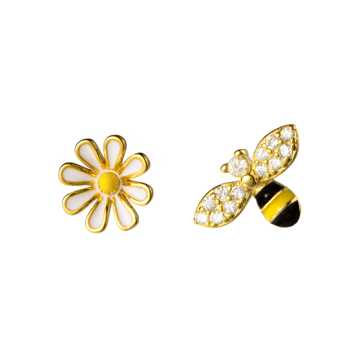 Bee and Daisy Zircon Stud Earrings S925 Silver