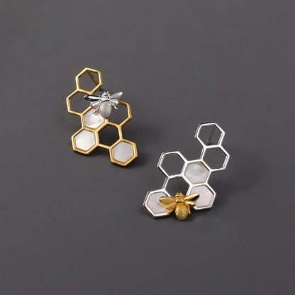 Luxyin Honeycomb & Bee Sterling Silver Studs