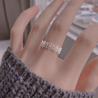 Luxyin S925 Sterling Silver Floral Ring - Adjustable Open Ring