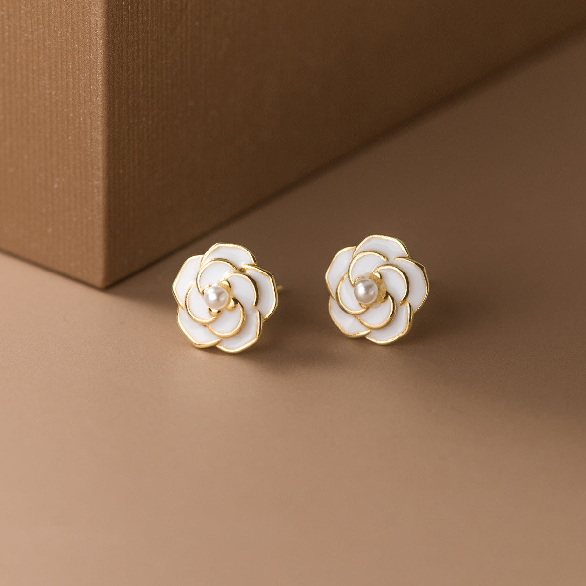 S925 Sterling Silver Resin Camellia Flower Faux Pearl Stud Earrings