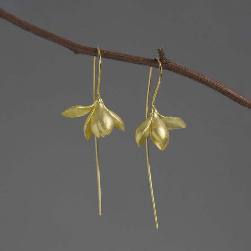 Luxyin Magnolia Whisper: Sterling Silver Floral Drop Earrings