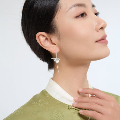 Luxyin Magnolia Whisper: Sterling Silver Floral Drop Earrings