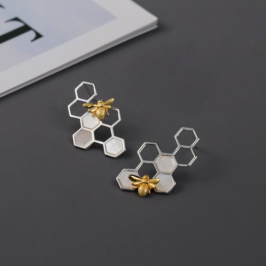 Luxyin Honeycomb & Bee Sterling Silver Studs