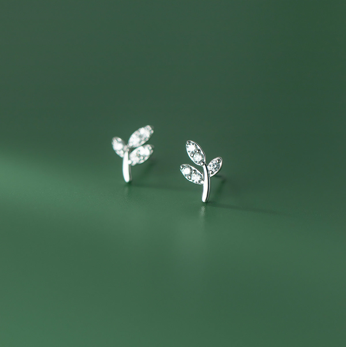 S925 Sterling Silver Leaf Stud Earrings with Zircon
