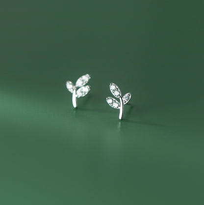 S925 Sterling Silver Leaf Stud Earrings with Zircon