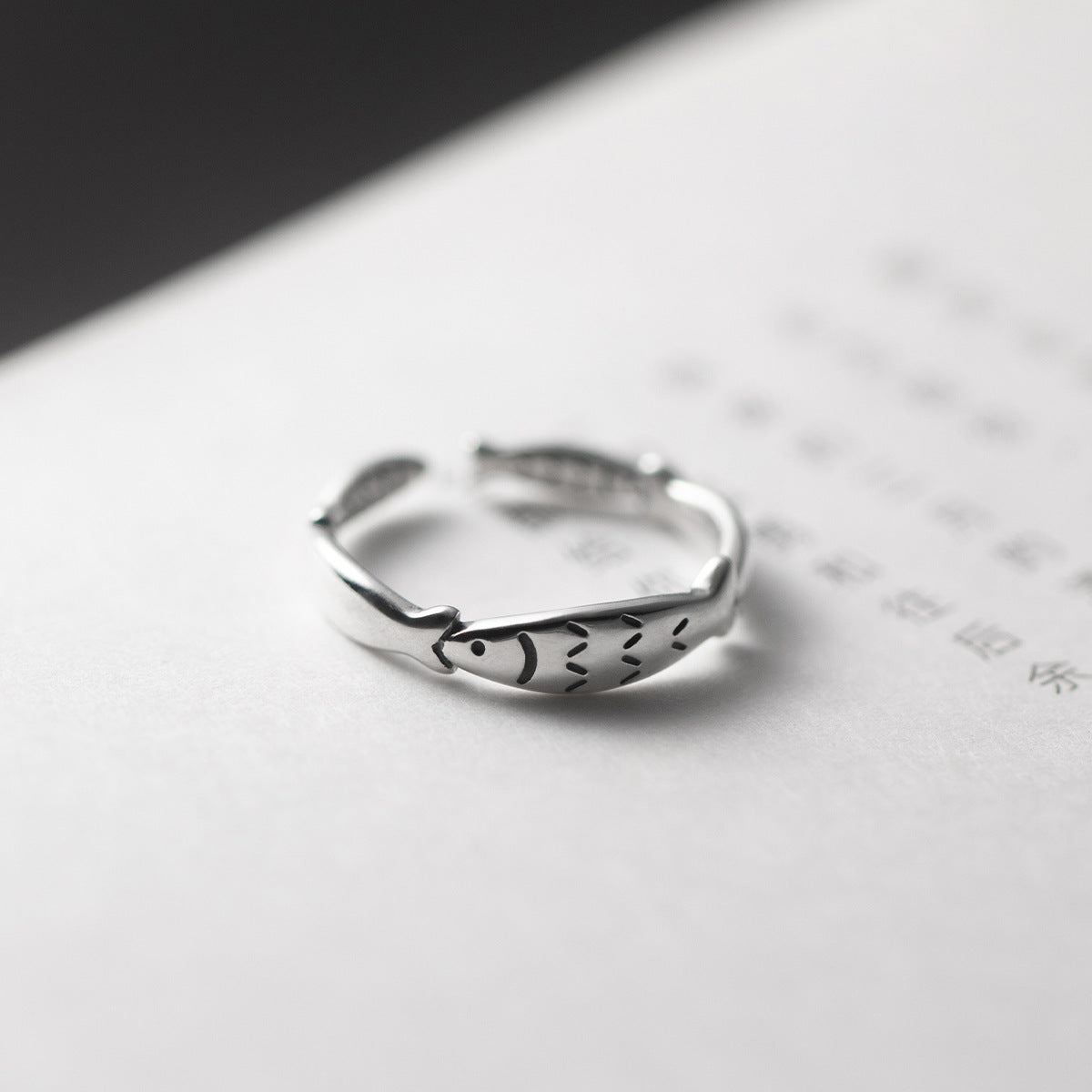 S925 Silver Little Fish Adjustable Open Ring Korean Style