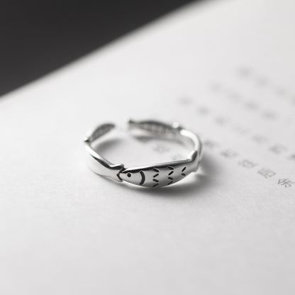 S925 Silver Little Fish Adjustable Open Ring Korean Style