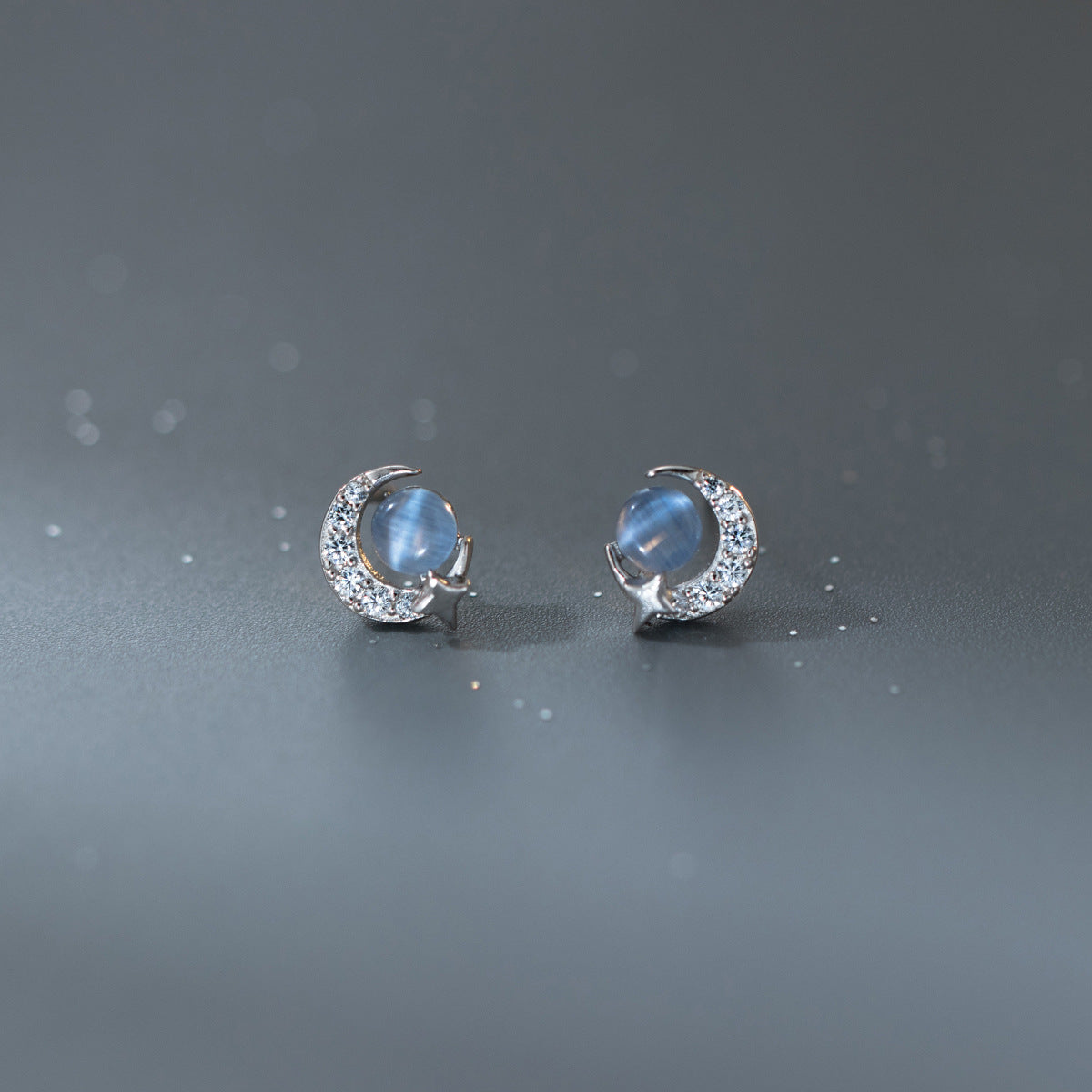 Luxyin 925 Sterling Silver Star & Moon Cat Eye Stud Earrings