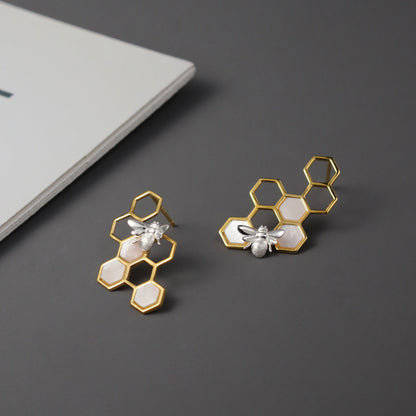Luxyin Honeycomb & Bee Sterling Silver Studs