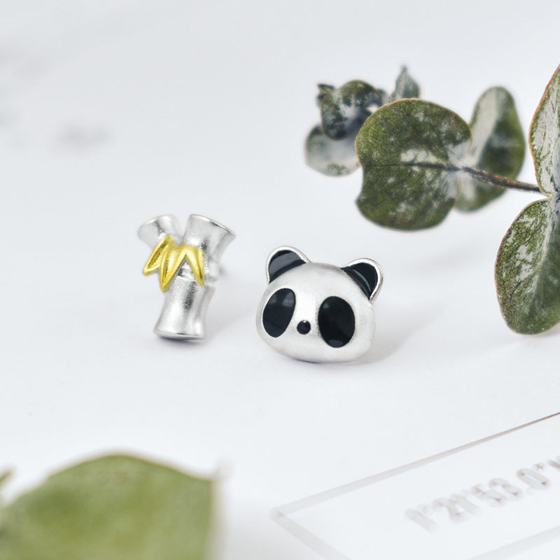 Luxyin Panda & Bamboo S925 Silver Asymmetrical Stud Earrings
