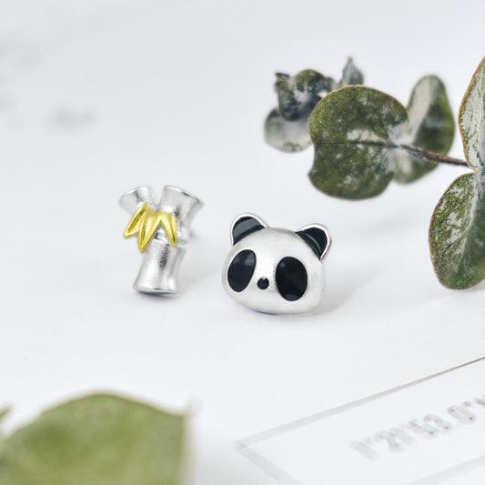 Luxyin Panda & Bamboo S925 Silver Asymmetrical Stud Earrings