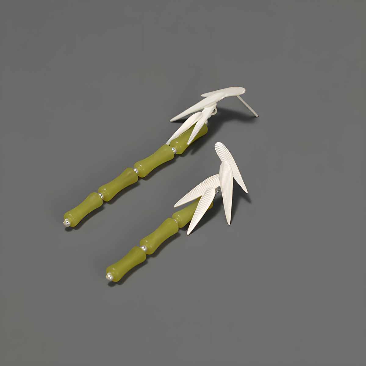 Green Lemon Jade Bamboo Leaf Dangle Earrings in Sterling Silver