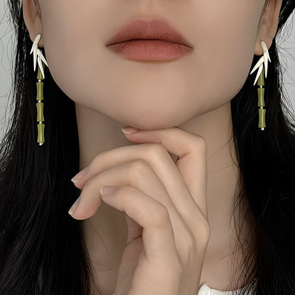 Green Lemon Jade Bamboo Leaf Dangle Earrings in Sterling Silver