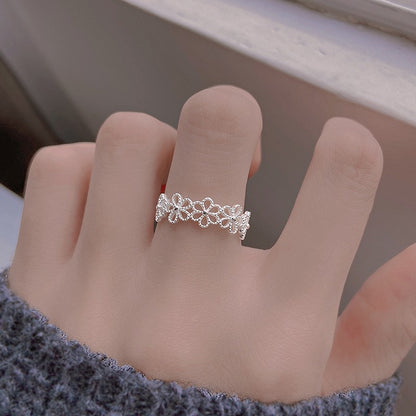 Luxyin S925 Sterling Silver Floral Ring - Adjustable Open Ring