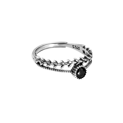 S925 Silver Leaf Ring with Black Diamond Inlays Double Layer Design