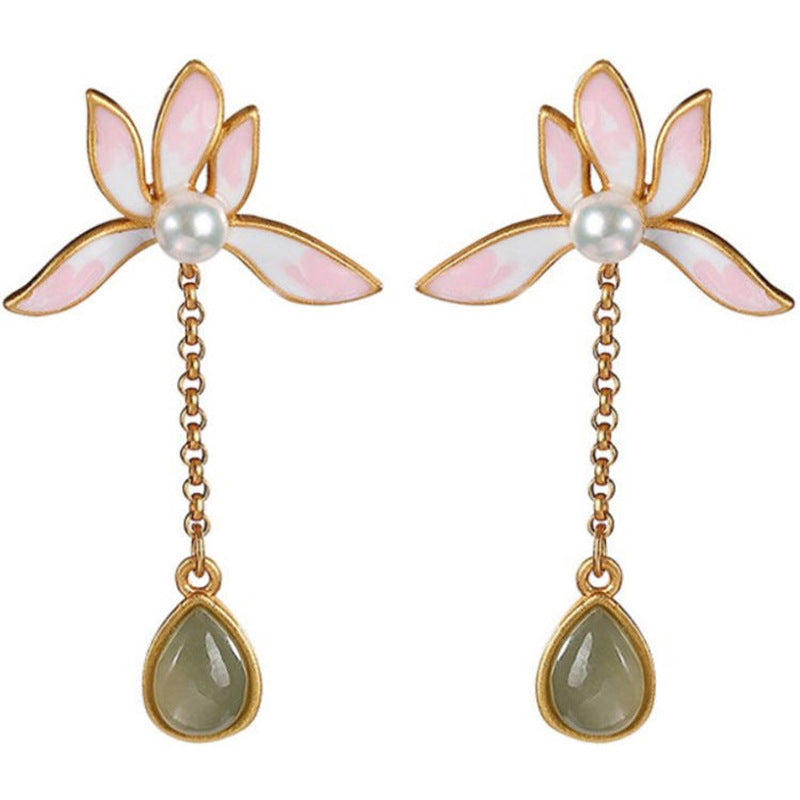 Luxyin Lotus Whisper Jade Drop Earrings - Silver Serenity