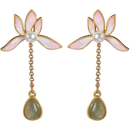 Luxyin Lotus Whisper Jade Drop Earrings - Silver Serenity