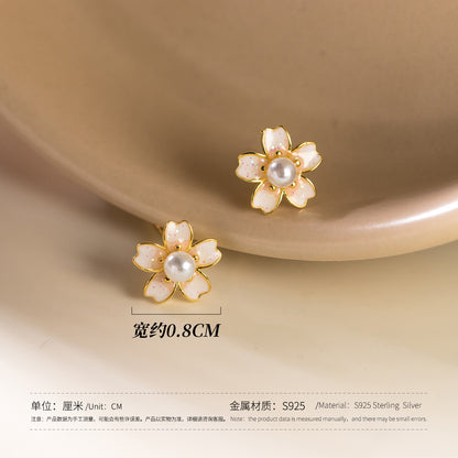S925 Silver Light Pink Cherry Blossom Beaded Stud Earrings