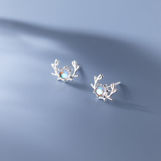 Luxyin 925 Sterling Silver Reindeer Antler Stud Earrings with Crystal Beads