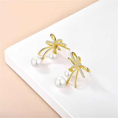 S925 Sterling Silver Butterfly Bow Pearl Earrings