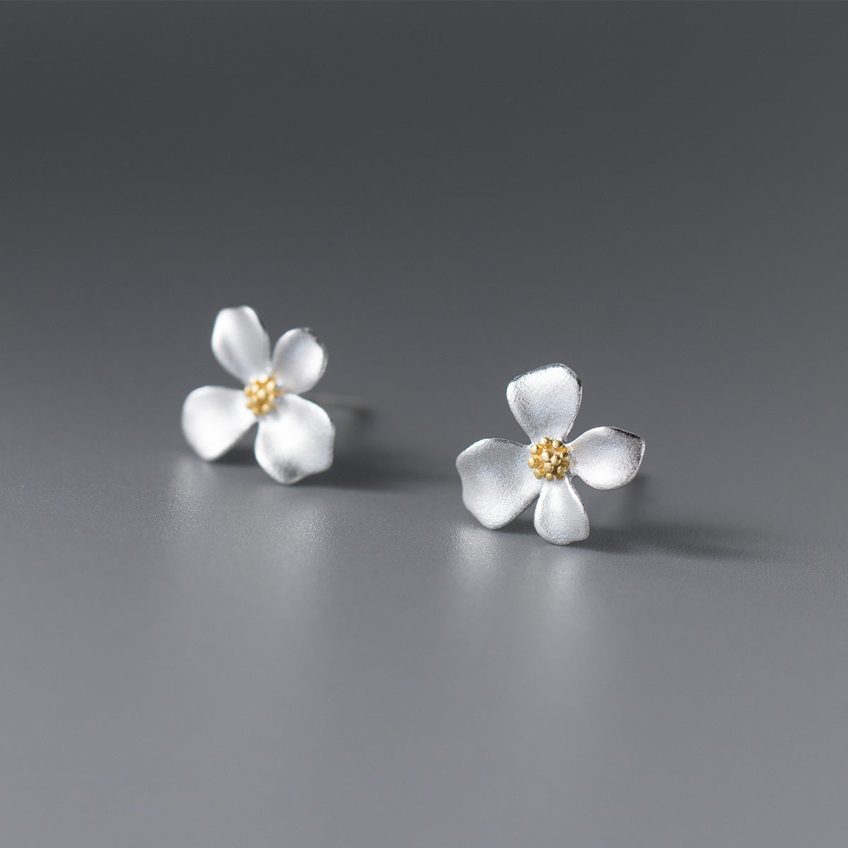 S925 Sterling Silver Vintage Matte Gold Four-Petal Flower Stud Earrings