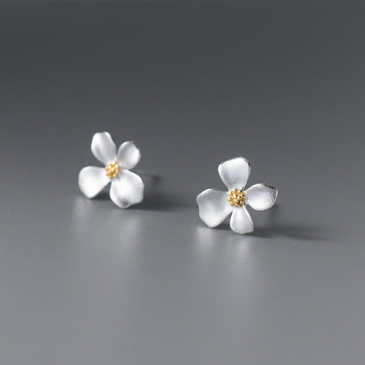 S925 Sterling Silver Vintage Matte Gold Four-Petal Flower Stud Earrings