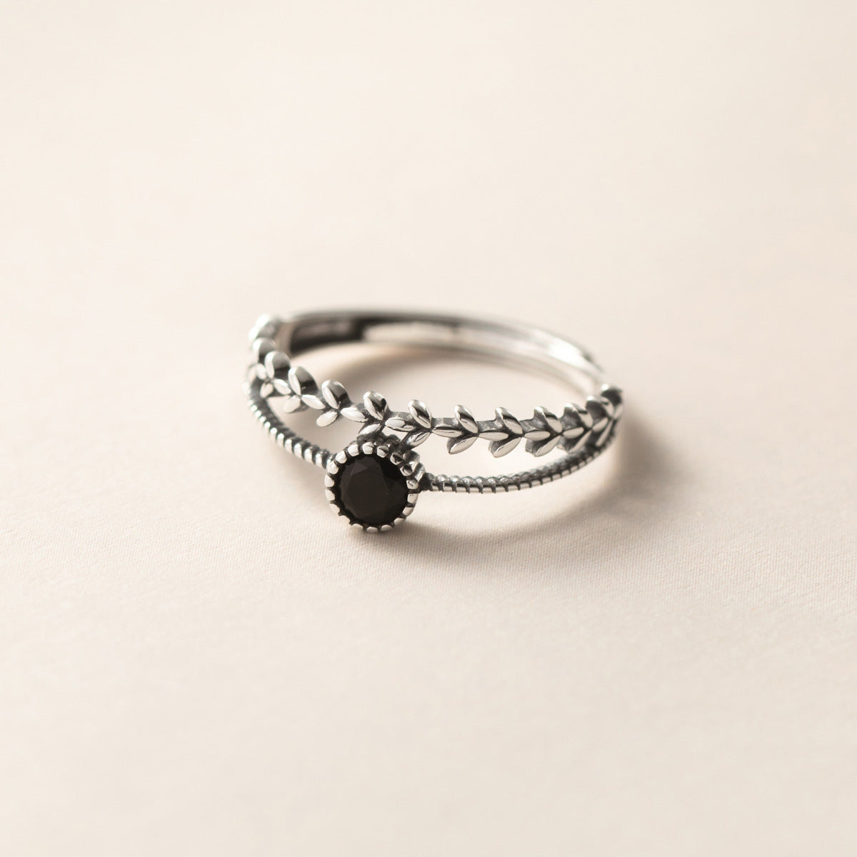 S925 Silver Leaf Ring with Black Diamond Inlays Double Layer Design