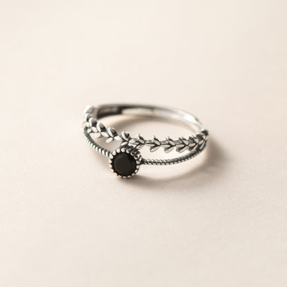 S925 Silver Leaf Ring with Black Diamond Inlays Double Layer Design
