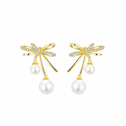 S925 Sterling Silver Butterfly Bow Pearl Earrings