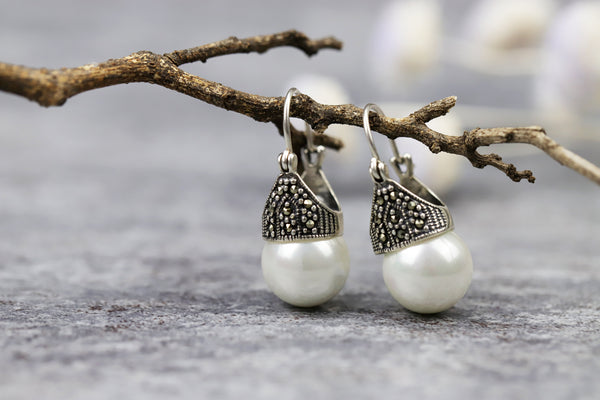 Vintage Style S925 Sterling Silver Pearl Drop Earrings