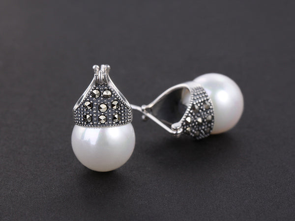 Pendientes colgantes de perlas de plata esterlina S925 de estilo vintage