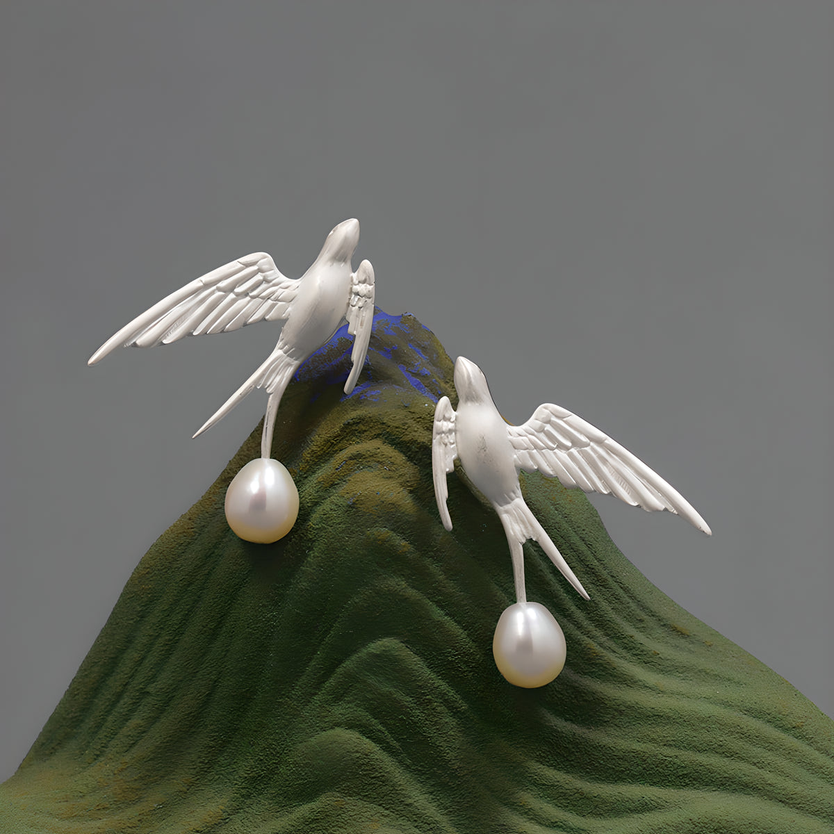 Artistic Flying Swallow Pearl Earrings in 925 Sterling Silver