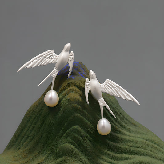 Artistic Flying Swallow Pearl Earrings in 925 Sterling Silver