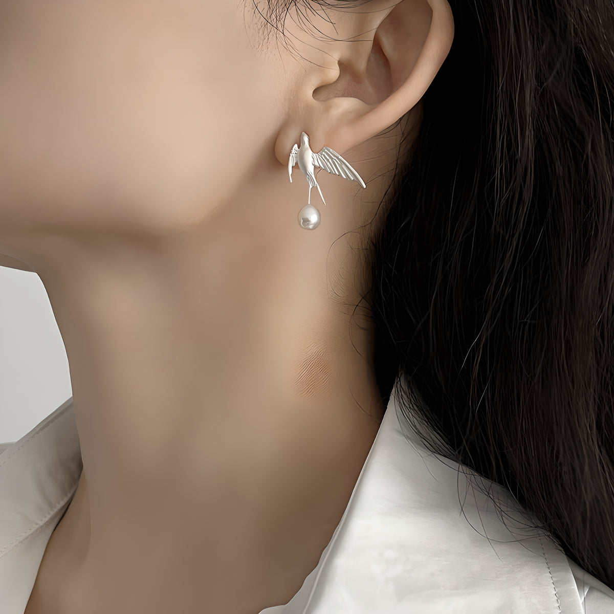 Artistic Flying Swallow Pearl Earrings in 925 Sterling Silver