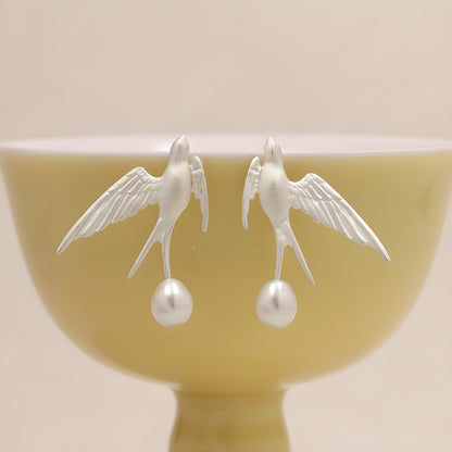 Artistic Flying Swallow Pearl Earrings in 925 Sterling Silver