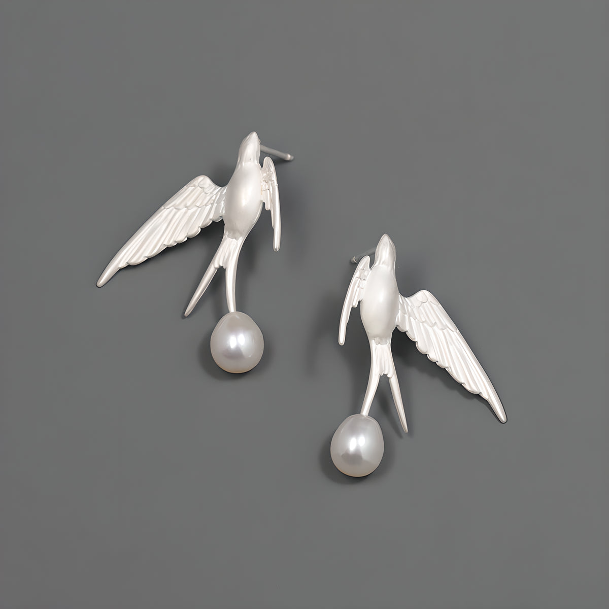 Artistic Flying Swallow Pearl Earrings in 925 Sterling Silver