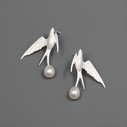 Artistic Flying Swallow Pearl Earrings in 925 Sterling Silver
